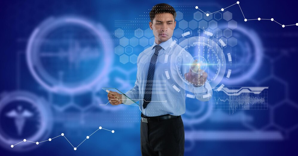 Financial Data Processing Man Using Interactive Digital Screen Global Technology Business Finance Concept Digitally Generated Image 1134 45017