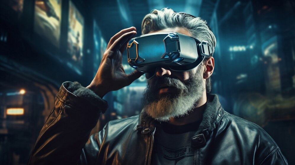 Grandpa With Vr Glasses Futuristic City 23 2150904695