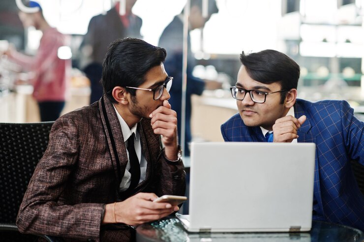 Two Indian Business Man Suits Sitting Office Cafe Looking Laptop 627829 9535